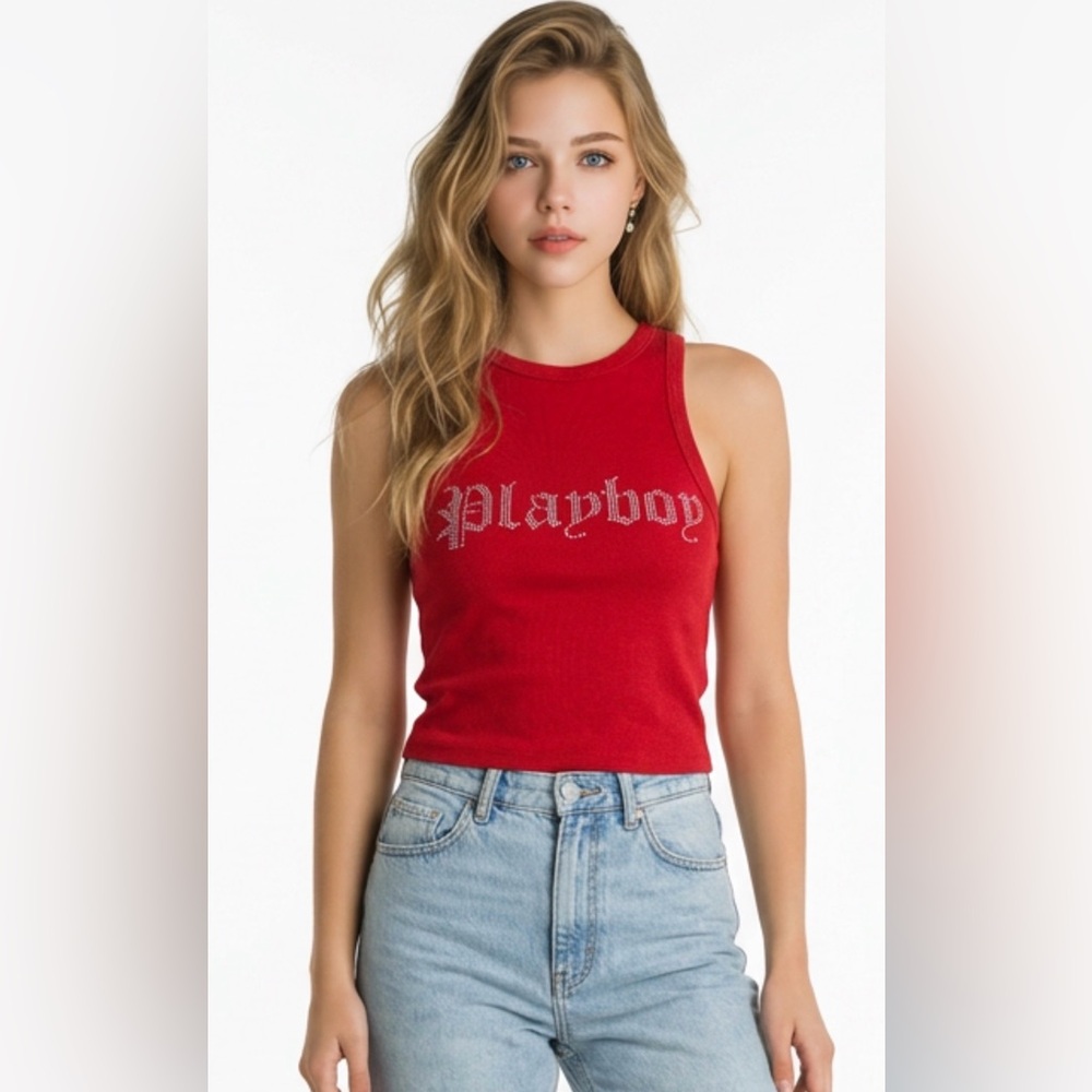 PLAYBOY Red Ribbed Crystal Logo Tank Top